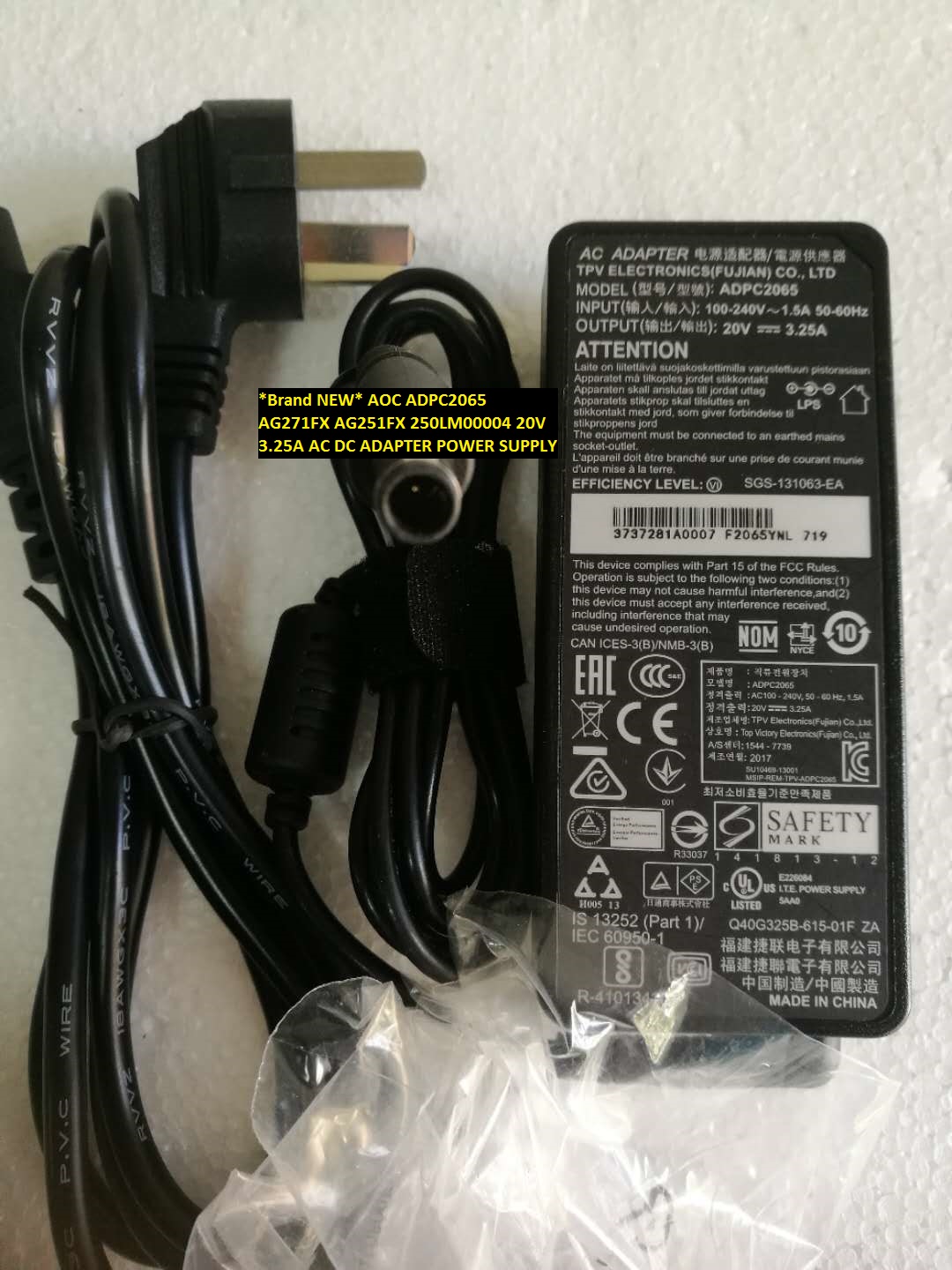 *Brand NEW*AOC 20V 3.25A AC DC ADAPTER 250LM00004 AG271FX AG251FX ADPC2065 POWER SUPPLY